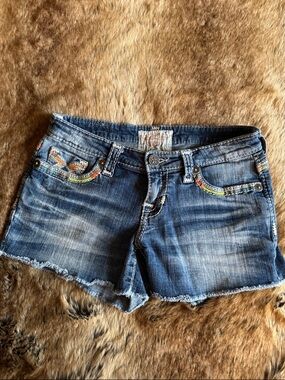 Big Star Blue Denim Cutoff Shorts with Embroidered Trim